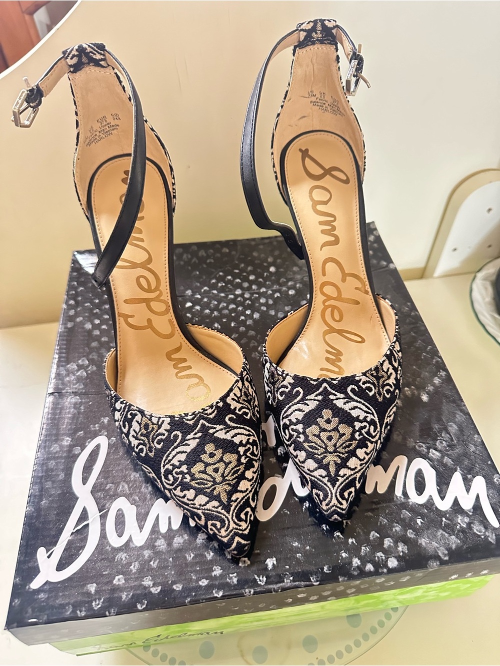 Sam Edelman Black and Cream Embroidered Pointed-Toe Ankle-Strap 3 inchesHeels